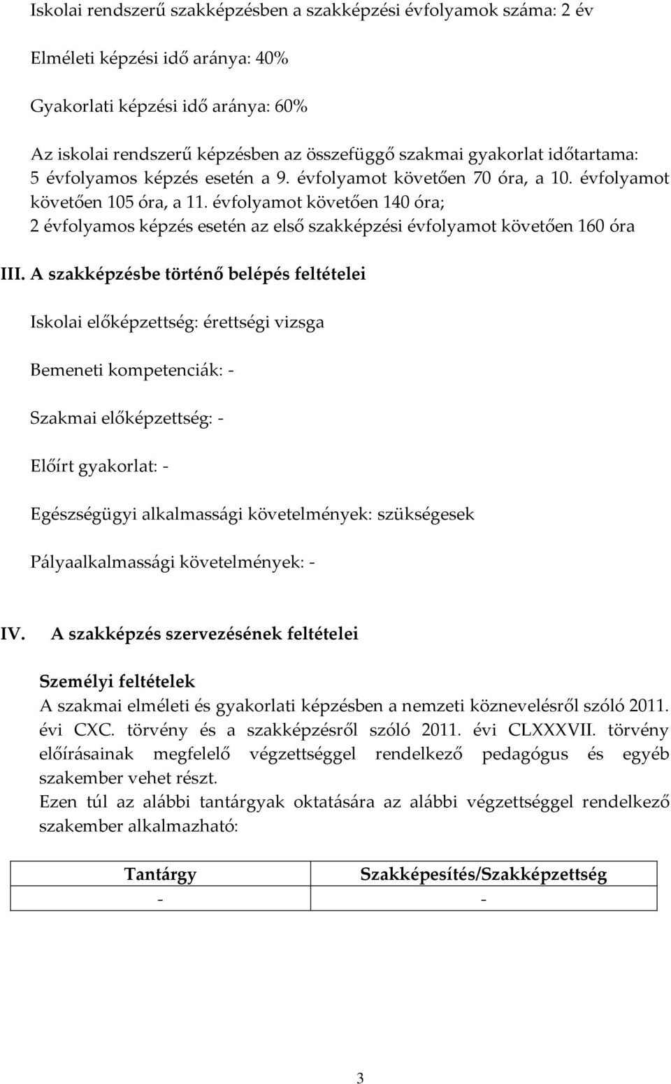 évfolyamot követően 140 óra; 2 évfolyamos képzés esetén az első szakképzési évfolyamot követően 160 óra III.