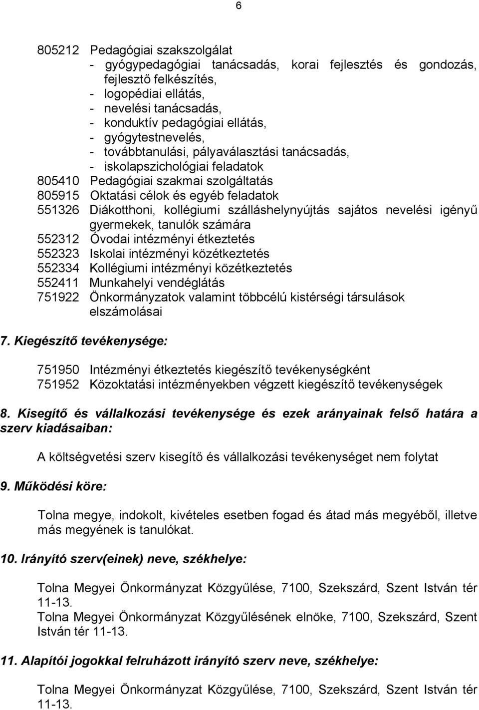 kollégiumi szálláshelynyújtás sajátos nevelési igényű gyermekek, tanulók számára 552312 Óvodai intézményi étkeztetés 552323 Iskolai intézményi közétkeztetés 552334 Kollégiumi intézményi közétkeztetés