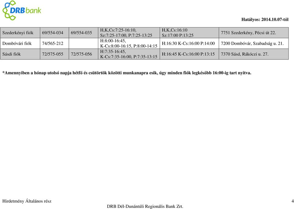 H:16:30 K-Cs:16:00 P:14:00 7200 Dombóvár, Szabadság u. 21. H:16:45 K-Cs:16:00 P:13:15 7370 Sásd, Rákóczi u. 27.