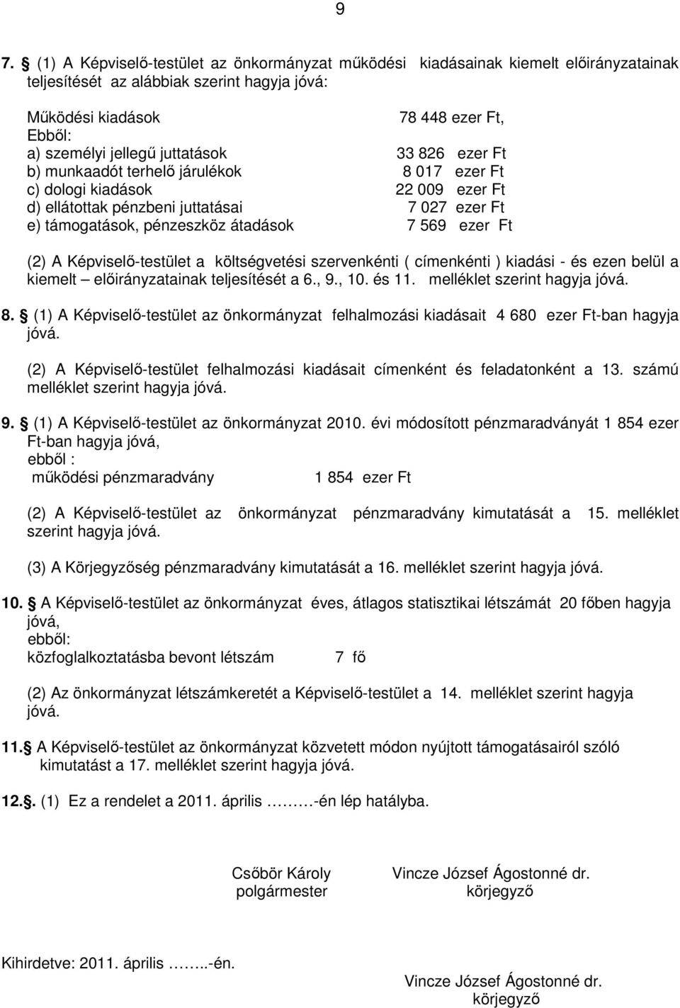 Ft (2) A Képviselő-testület a költségvetési szervenkénti ( címenkénti ) kiadási - és ezen belül a kiemelt előirányzatainak teljesítését a 6., 9., 10. és 11. melléklet szerint hagyja jóvá. 8.