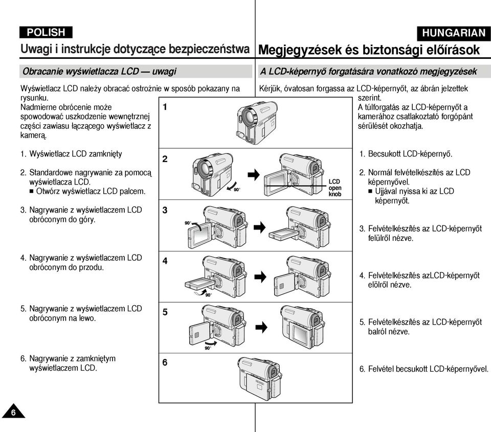 A LCD-képernyŒ forgatására vonatkozó megjegyzések Kérjük, óvatosan forgassa az LCD-képernyŒt, az ábrán jelzettek szerint.