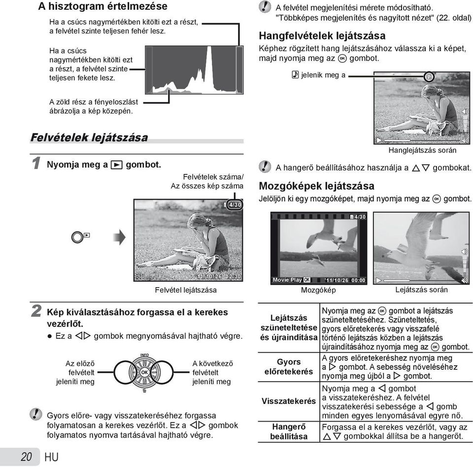 oldal) Hangfelvételek lejátszása Képhez rögzített hang lejátszásához válassza ki a képet, majd nyomja meg az A gombot.! jelenik meg a A zöld rész a fényeloszlást ábrázolja a kép közepén.