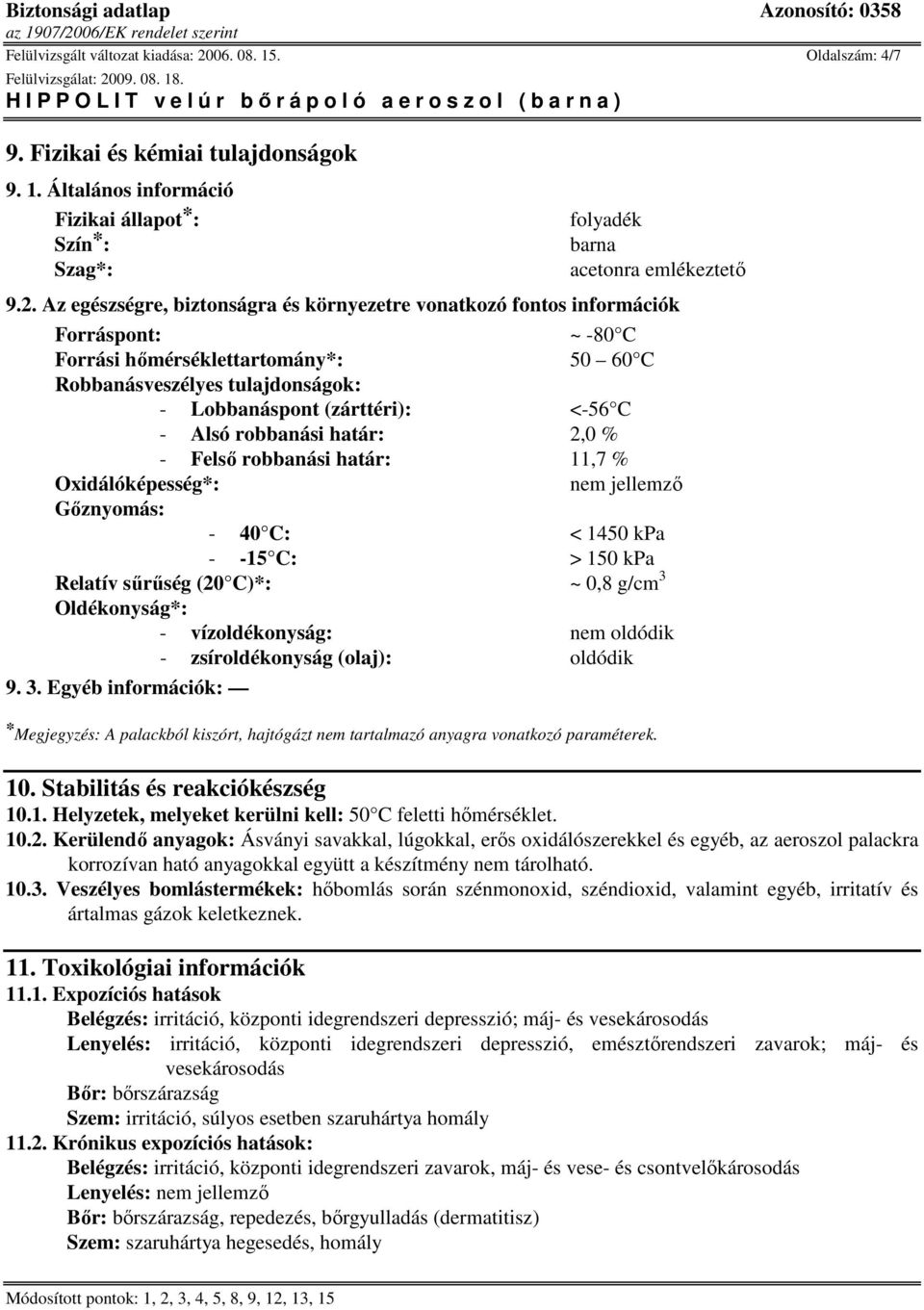 Az egészségre, biztonságra és környezetre vonatkozó fontos információk Forráspont: ~ -80 C Forrási hımérséklettartomány*: 50 60 C Robbanásveszélyes tulajdonságok: - Lobbanáspont (zárttéri): <-56 C -