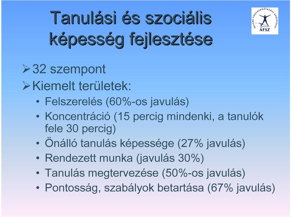 percig) Önálló tanulás képessége (27% javulás) Rendezett munka (javulás 30%)