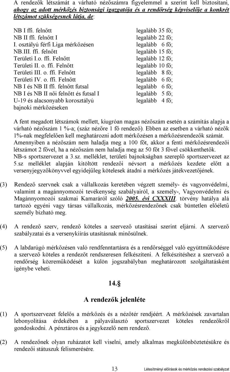 o. ffi. Felnőtt legalább 10 fő; Területi III. o. ffi. Felnőtt legalább 8 fő; Területi IV. o. ffi. Felnőtt legalább 6 fő; NB I és NB II ffi.