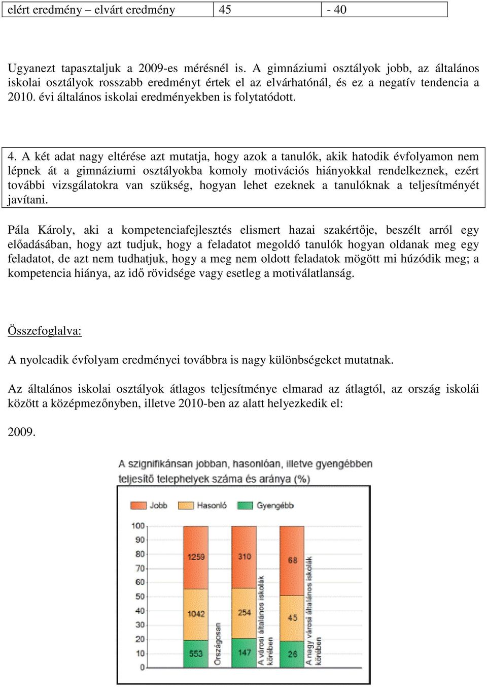 . A két adat nagy eltérése azt mutatja, hogy azok a tanulók, akik hatodik évfolyamon nem lépnek át a gimnáziumi osztályokba komoly motivációs hiányokkal rendelkeznek, ezért további vizsgálatokra van