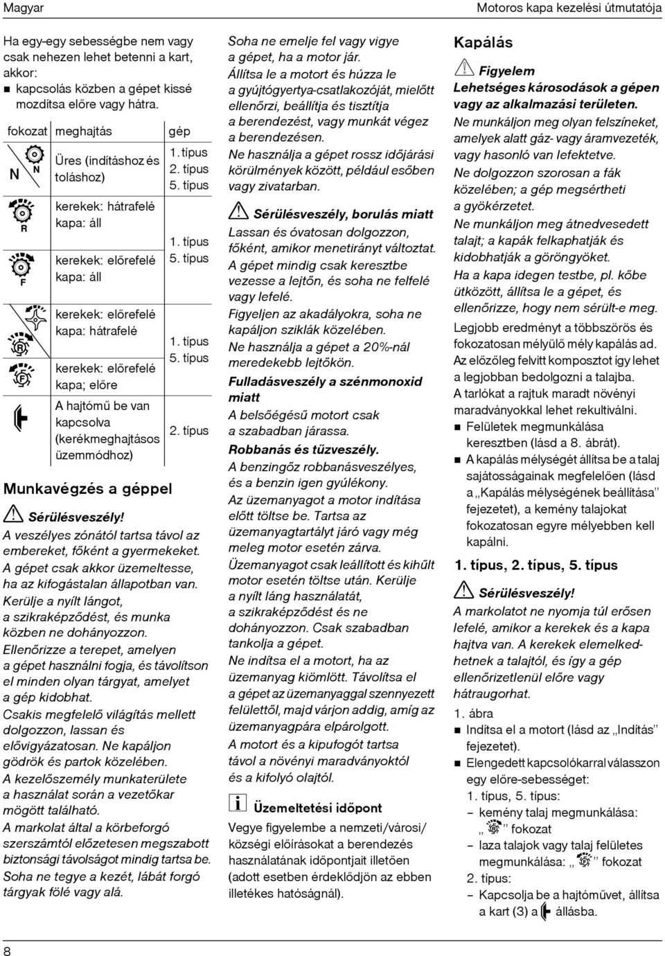 kapcsolva (kerékmeghajtásos üzemmódhoz) gép 1. típus 2. típus 5. típus 1. típus 5. típus 1. típus 5. típus 2. típus Munkavégzés a géppel! Sérülésveszély!