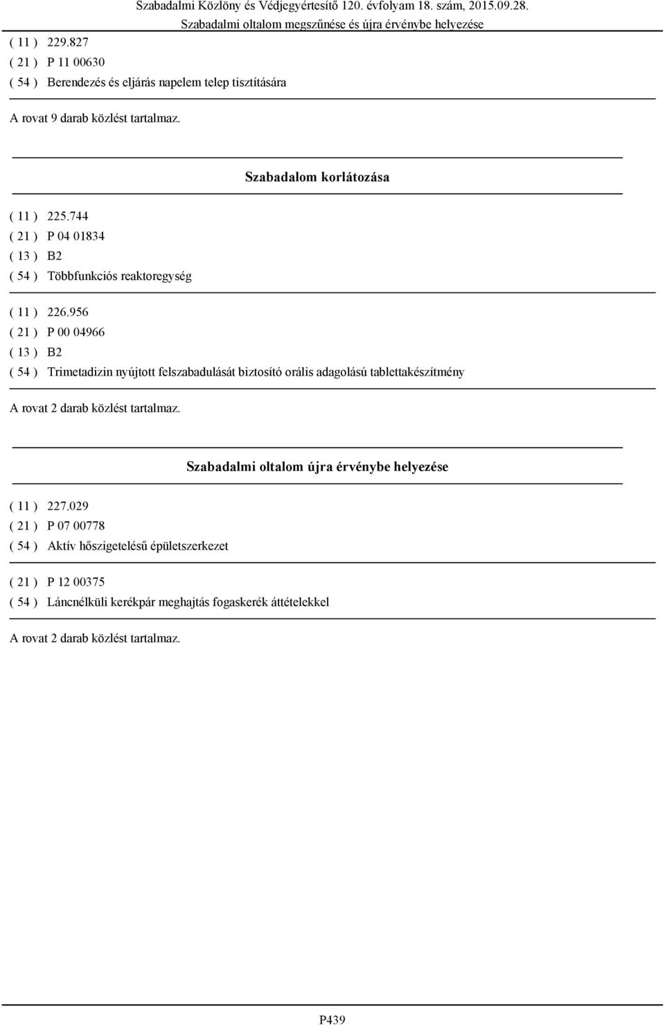 956 ( 21 ) P 00 04966 ( 13 ) B2 ( 54 ) Trimetadizin nyújtott felszabadulását biztosító orális adagolású tablettakészítmény A rovat 2 darab közlést tartalmaz.