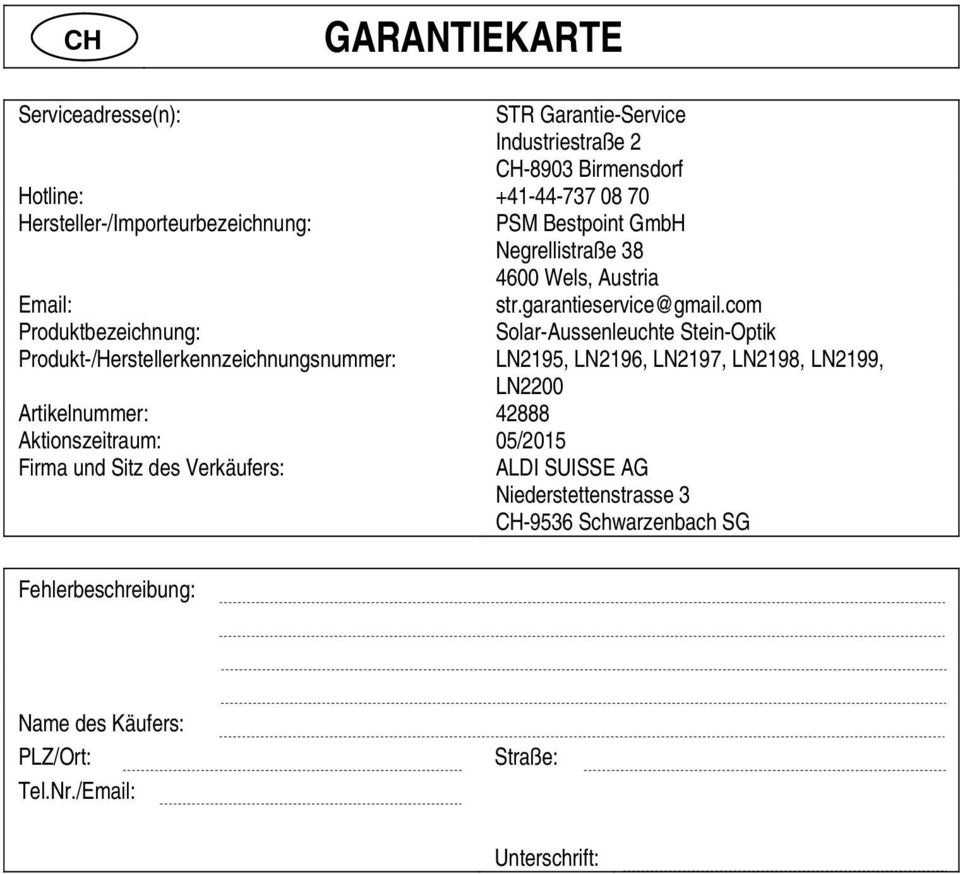 com Produktbezeichnung: Produkt-/Herstellerkennzeichnungsnummer: Artikelnummer: 42888 Aktionszeitraum: 05/2015 Firma und Sitz des Verkäufers: