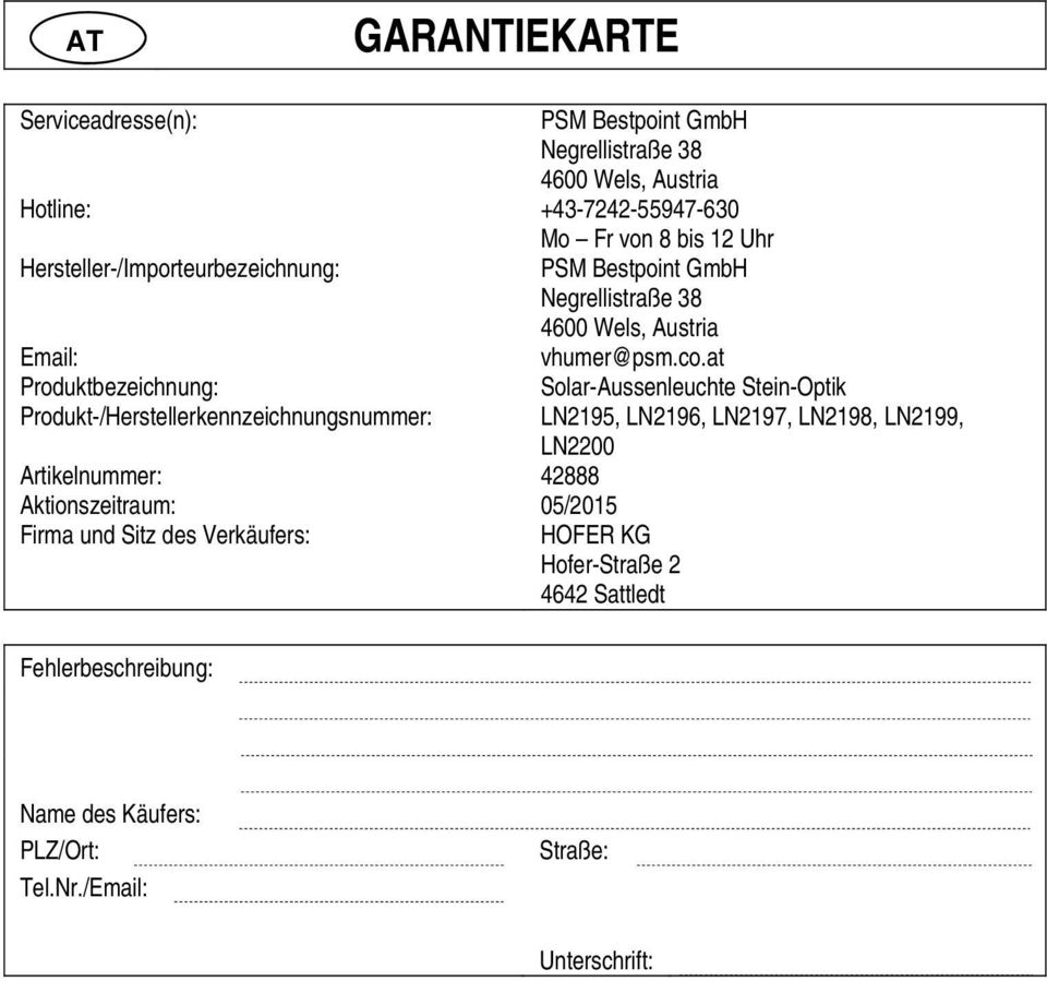 at Produktbezeichnung: Produkt-/Herstellerkennzeichnungsnummer: Artikelnummer: 42888 Aktionszeitraum: 05/2015 Firma und Sitz des Verkäufers: