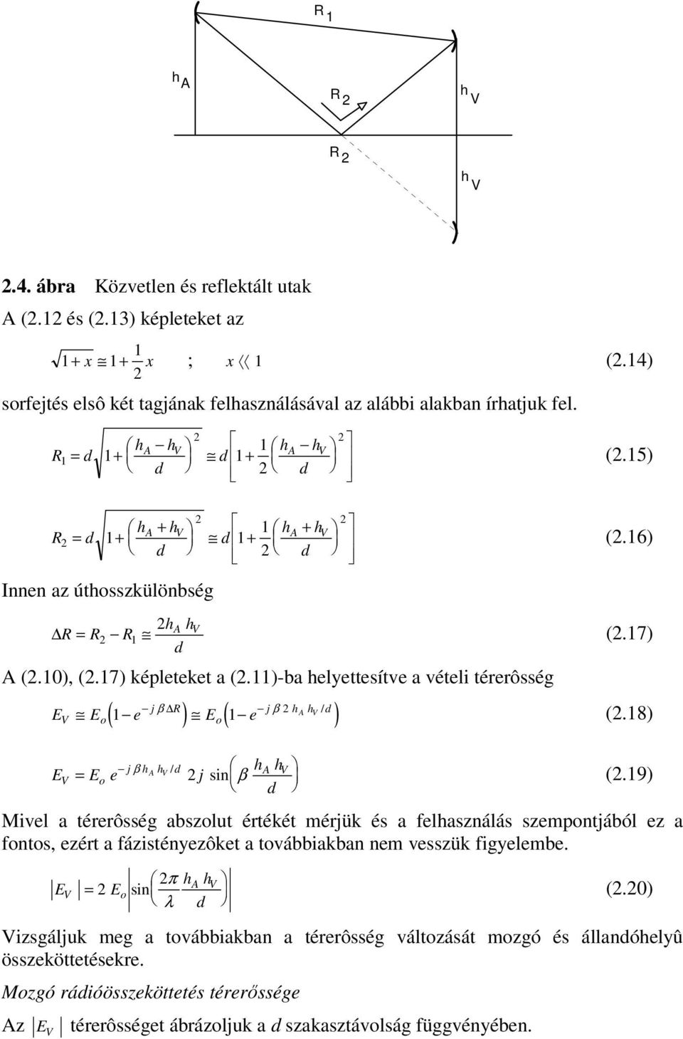 11)-b helyettesítve vételi térerôsség j β R j β h h d ( ) ( ) A 1 1 (.16) (.17) / E E e E e (.18) j β h h h A h / d A E = E e j si β (.