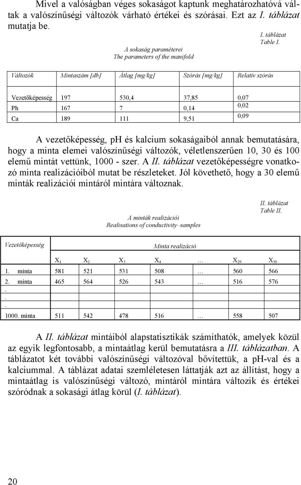 kalcium sokaságaiból annak bemutatására, hogy a minta elemei valószínűségi változók, véletlenszerűen 10, 30 és 100 elemű mintát vettünk, 1000 - szer A II táblázat vezetőképességre vonatkozó minta