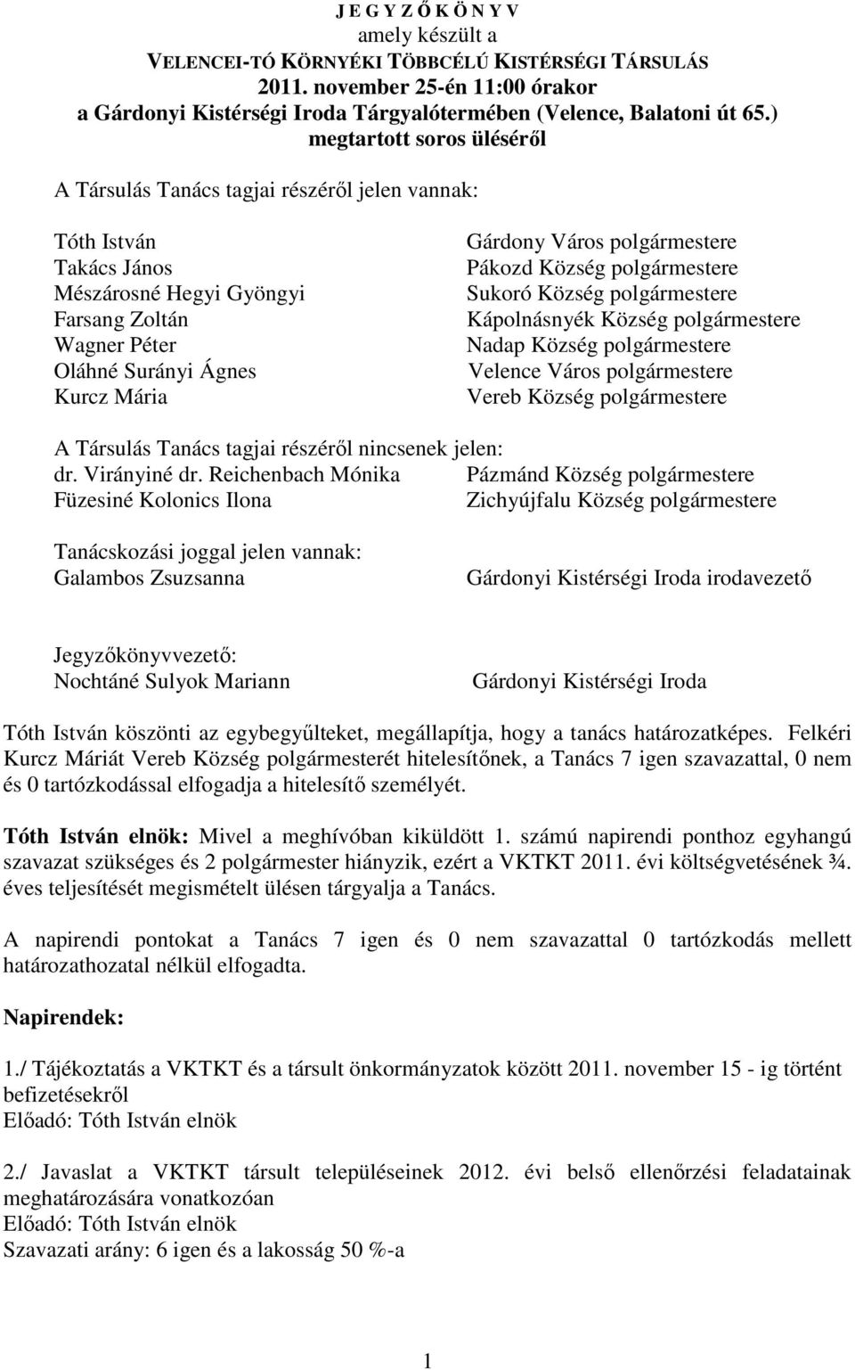 Város polgármestere Pákozd Község polgármestere Sukoró Község polgármestere Kápolnásnyék Község polgármestere Nadap Község polgármestere Velence Város polgármestere Vereb Község polgármestere A