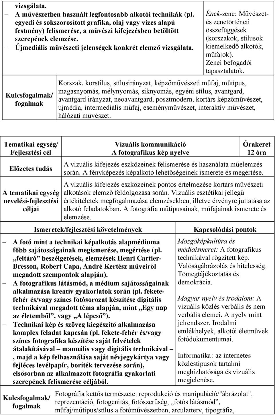 Kulcs/ Ének-zene: Művészetés zenetörténeti összefüggések (korszakok, stílusok kiemelkedő alkotók, műfajok). Zenei befogadói tapasztalatok.