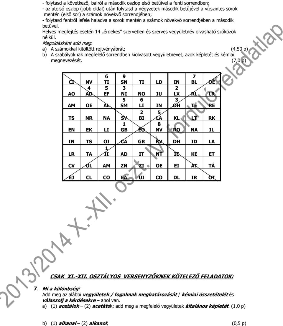 Helyes megfejtés esetén 14 érdekes szervetlen és szerves vegyületnév olvasható szóközök nélkül.