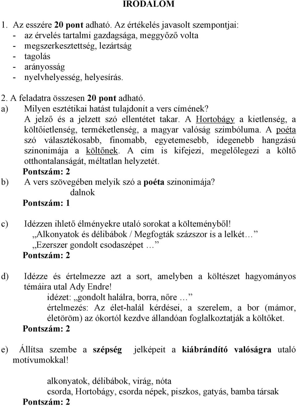 A feladatra összesen 20 pont adható. a) Milyen esztétikai hatást tulajdonít a vers címének? A jelző és a jelzett szó ellentétet takar.