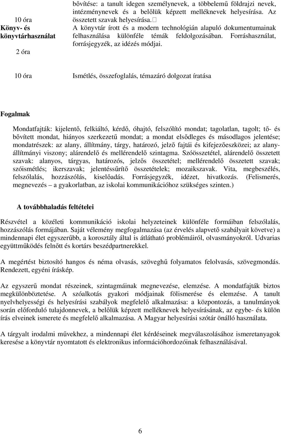 10 óra Ismétlés, összefoglalás, témazáró dolgozat íratása Fogalmak Mondatfajták: kijelentő, felkiáltó, kérdő, óhajtó, felszólító mondat; tagolatlan, tagolt; tő- és bővített mondat, hiányos szerkezetű