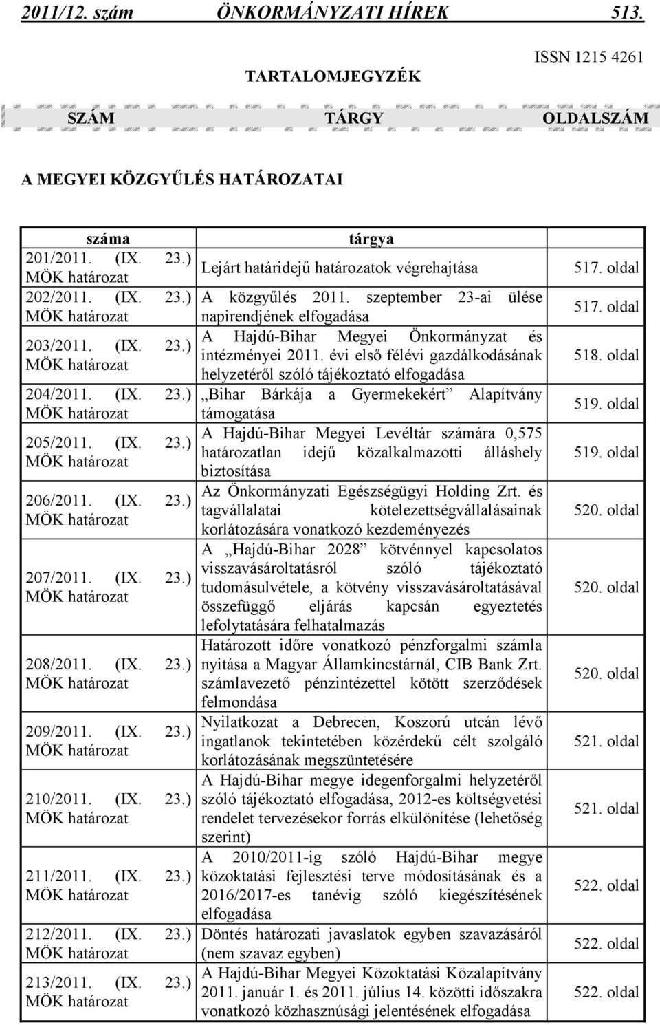 szeptember 23-ai ülése napirendjének elfogadása A Hajdú-Bihar Megyei Önkormányzat és intézményei 2011.