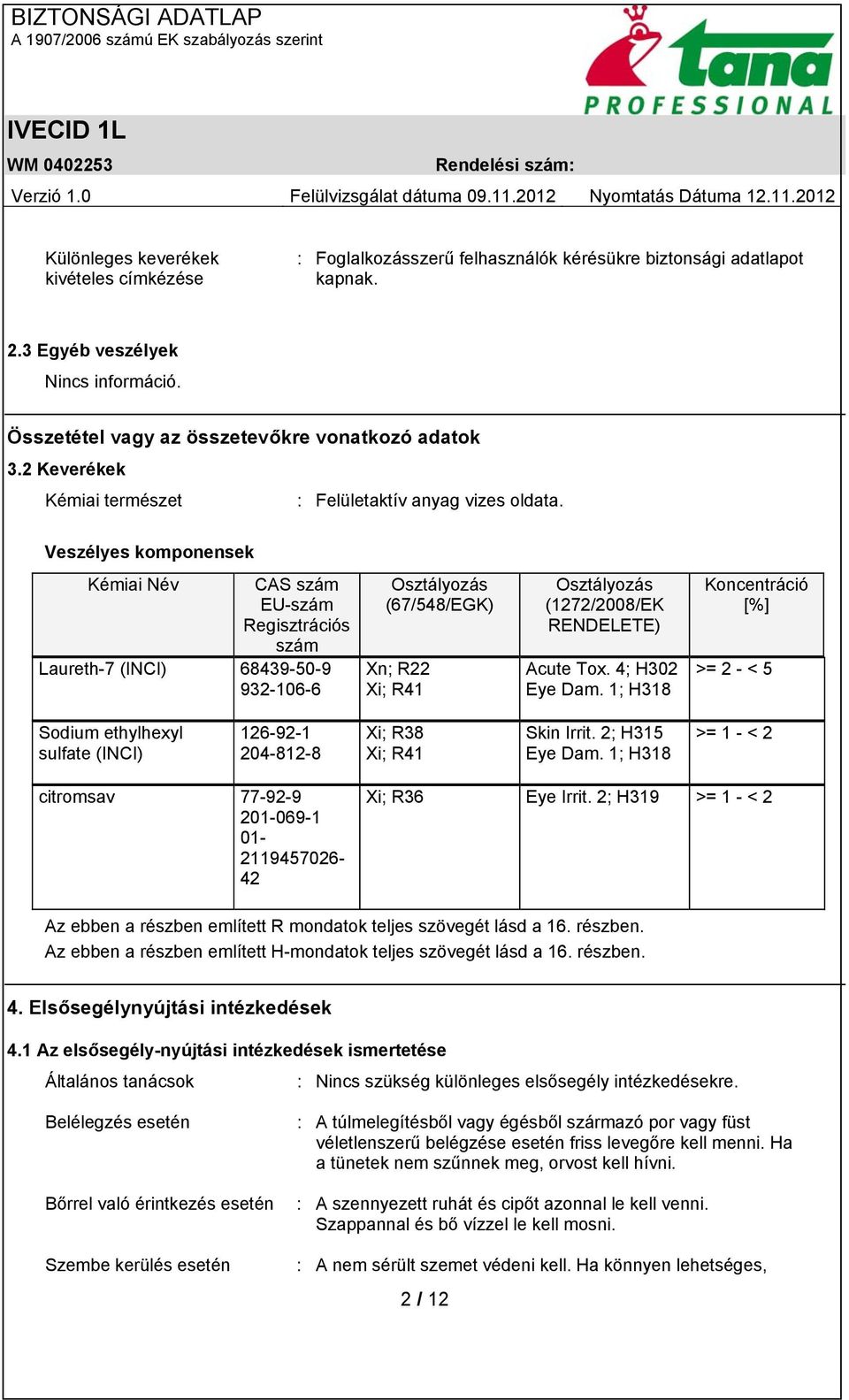 Veszélyes komponensek Kémiai Név CAS szám EU-szám Regisztrációs szám Laureth-7 (INCI) 68439-50-9 932-106-6 Osztályozás (67/548/EGK) Xn; R22 Xi; R41 Osztályozás (1272/2008/EK RENDELETE) Acute Tox.