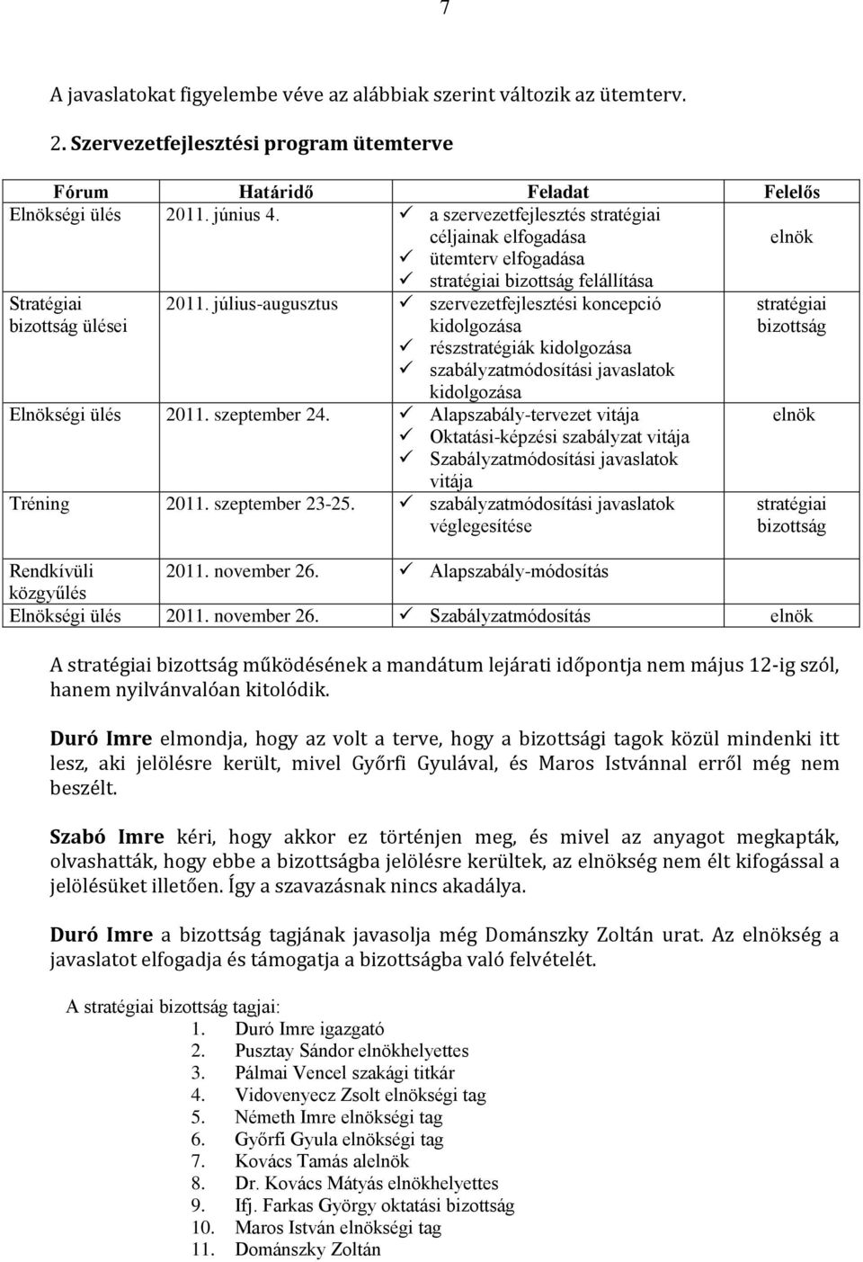 július-augusztus szervezetfejlesztési koncepció kidolgozása stratégiai bizottság részstratégiák kidolgozása szabályzatmódosítási javaslatok kidolgozása Elnökségi ülés 2011. szeptember 24.