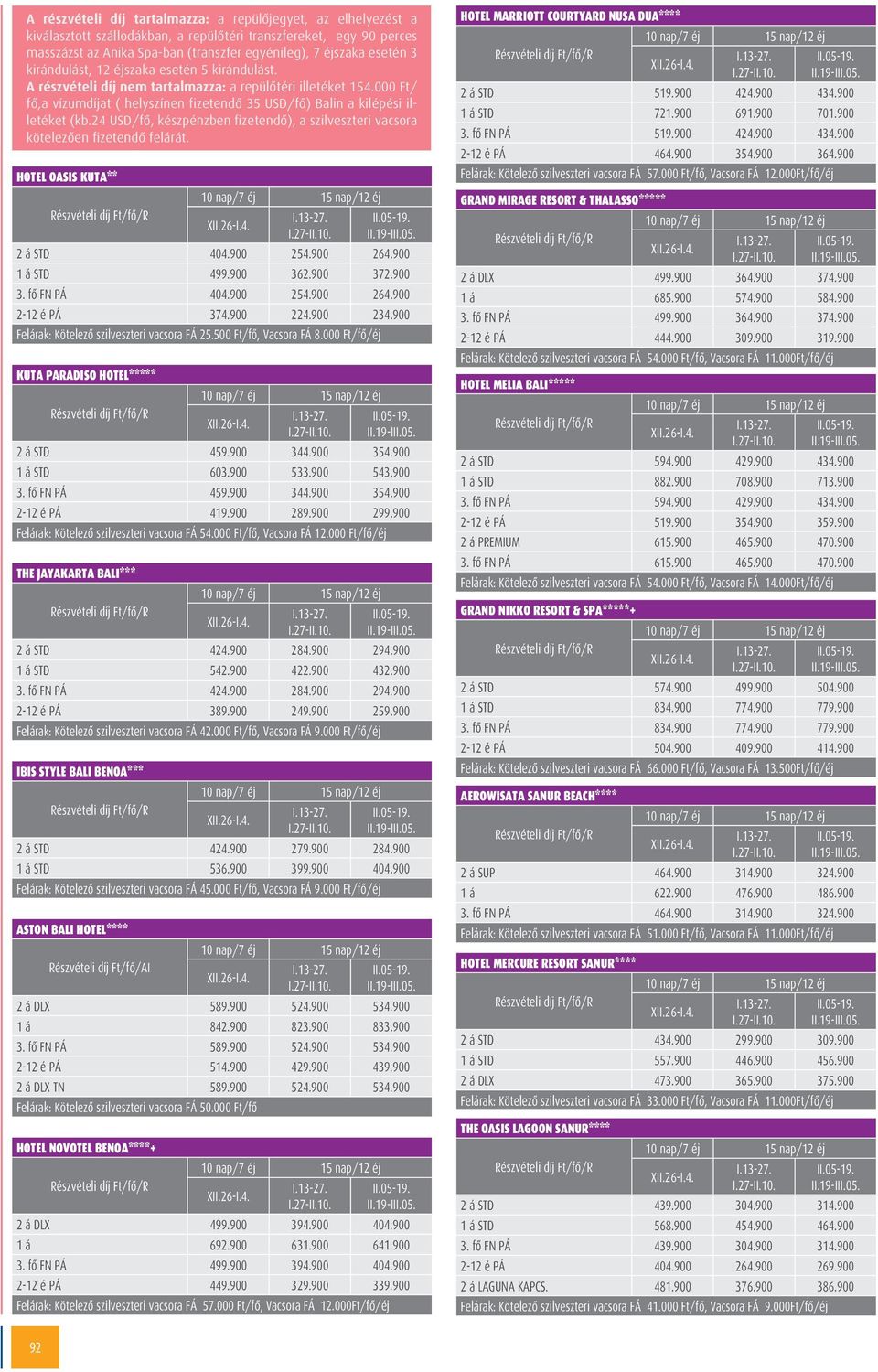 24 USD/fő, készpénzben fizetendő), a szilveszteri vacsora kötelezően fizetendő felárát. HOTEL OASIS KUTA** 2 á STD 404.900 254.900 264.900 1 á STD 499.900 362.900 372.900 3. fő FN PÁ 404.900 254.900 264.900 2-12 é PÁ 374.