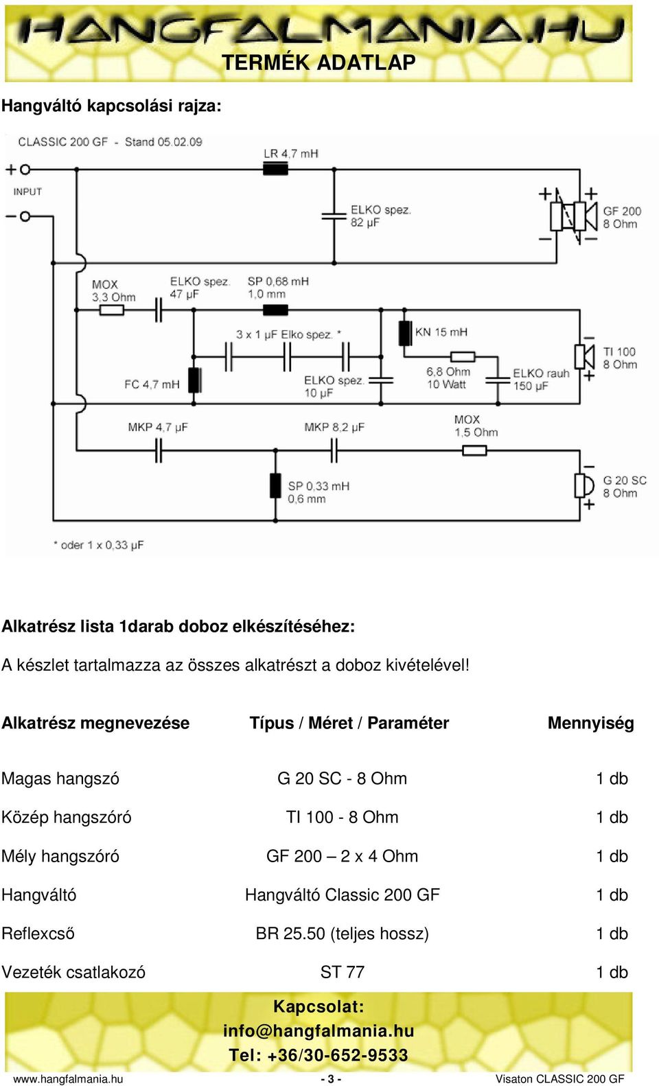 Alkatrész megnevezése Típus / Méret / Paraméter Mennyiség Magas hangszó G 20 SC - 8 Ohm 1 db Közép hangszóró TI 100-8