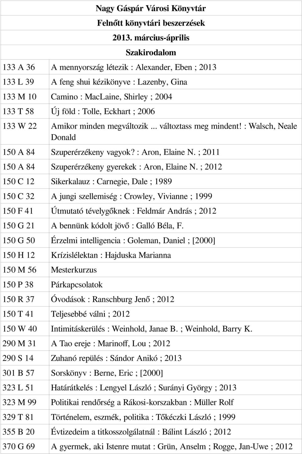 Tolle, Eckhart ; 2006 133 W 22 Amikor minden megváltozik... változtass meg mindent! : Walsch, Neale Donald 150 A 84 Szuperérzékeny vagyok? : Aron, Elaine N.