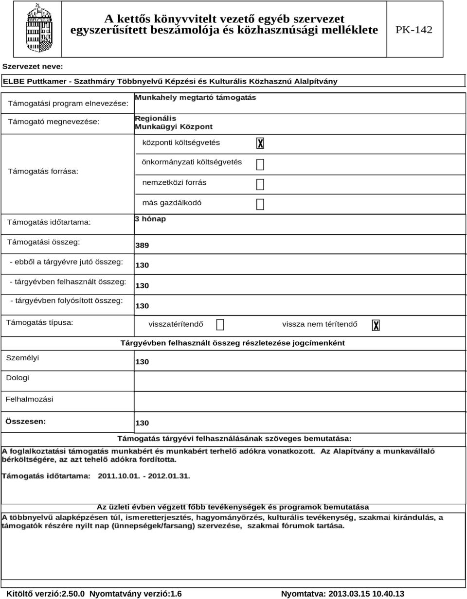 összeg: Támogatás típusa: 389 130 130 130 visszatérítendő vissza nem térítendő Tárgyévben felhasznált összeg részletezése jogcímenként Személyi 130