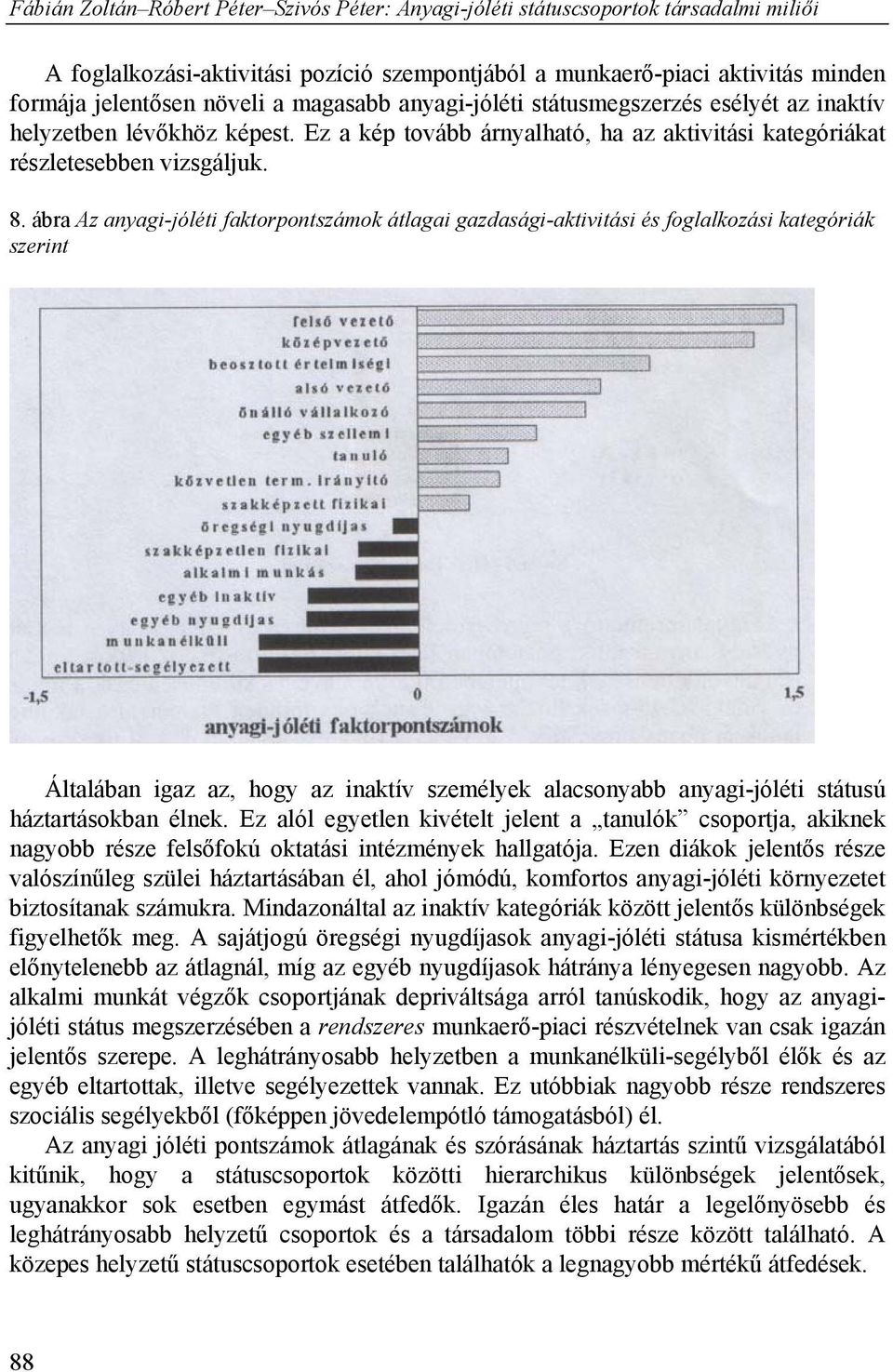 ábra Az anyagi-jóléti faktorpontszámok átlagai gazdasági-aktivitási és foglalkozási kategóriák szerint Általában igaz az, hogy az inaktív személyek alacsonyabb anyagi-jóléti státusú háztartásokban