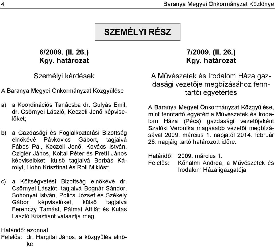 Prettl János képviselőket, külső tagjaivá Borbás Károlyt, Hohn Krisztinát és Roll Miklóst; 7/2009. (II. 26.) Kgy.