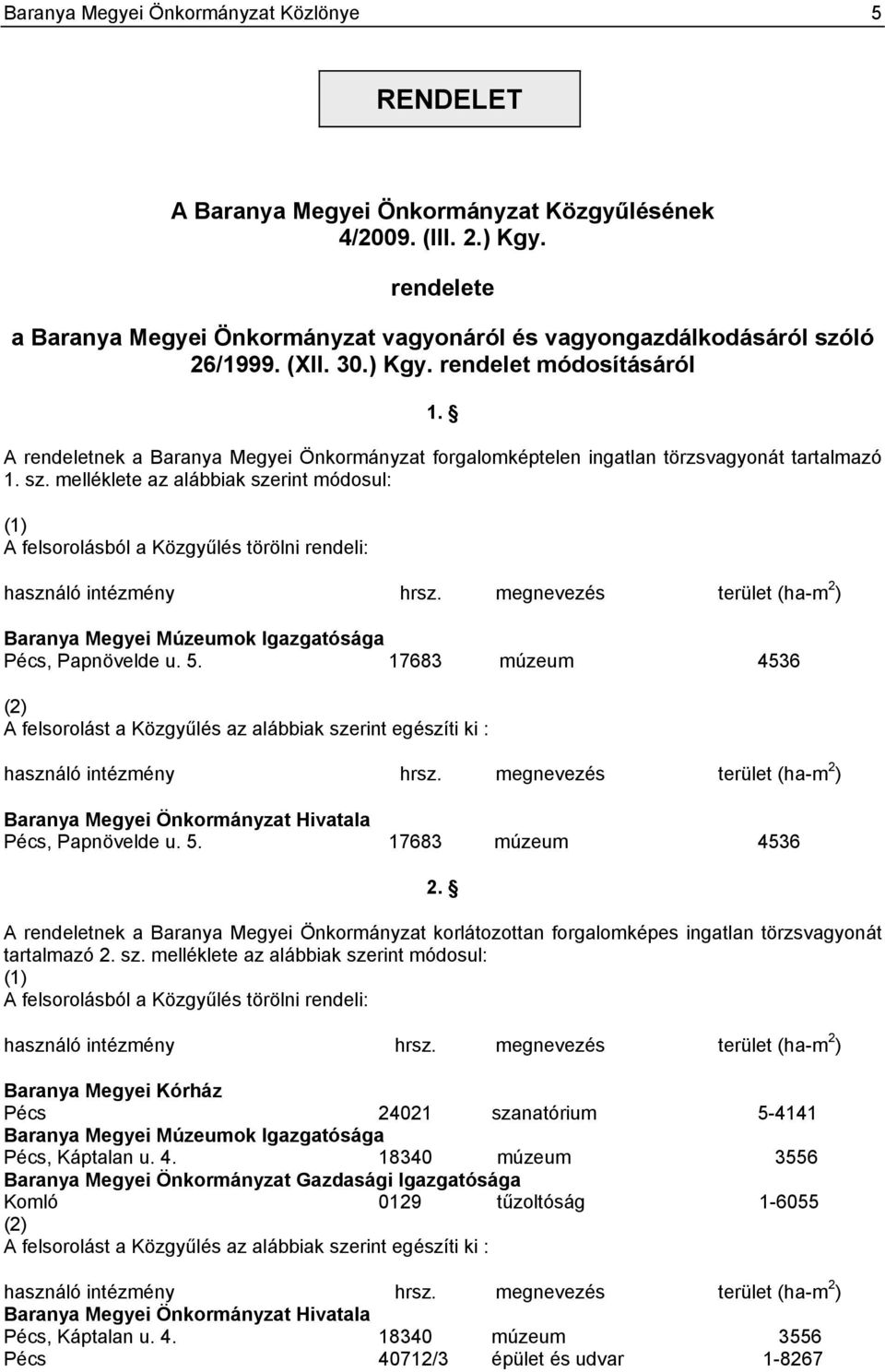 A rendeletnek a Baranya Megyei Önkormányzat forgalomképtelen ingatlan törzsvagyonát tartalmazó 1. sz.