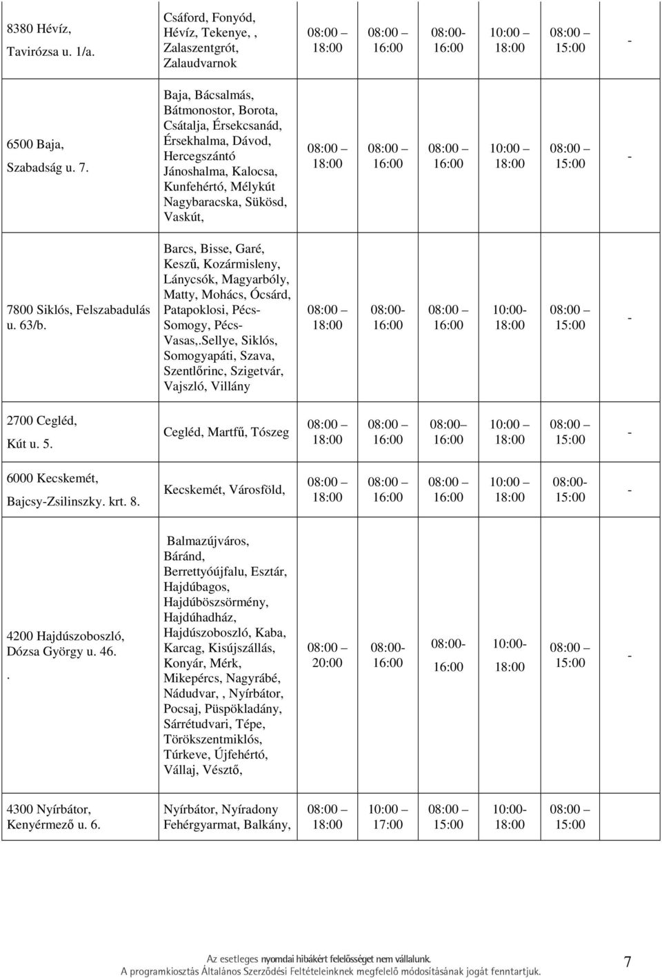 10:00 18:00 08:00 15:00-7800 Siklós, Felszabadulás u. 63/b. Barcs, Bisse, Garé, Kesző, Kozármisleny, Lánycsók, Magyarbóly, Matty, Mohács, Ócsárd, Patapoklosi, Pécs- Somogy, Pécs- Vasas,.