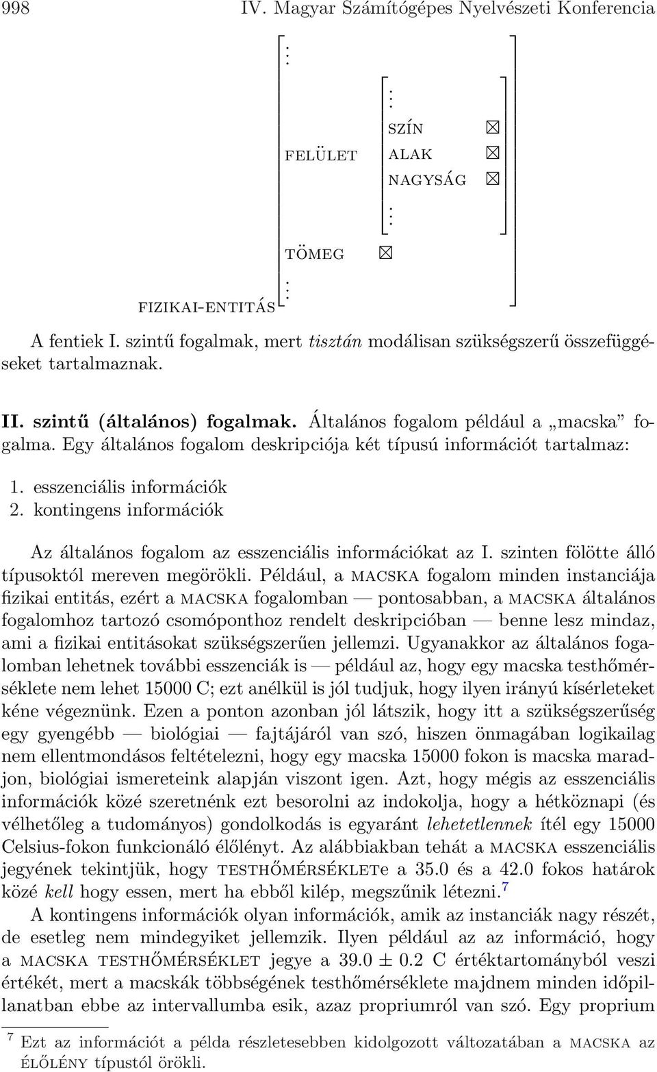 általános fogalom az esszenciális információkat az I szinten fölötte álló típusoktól mereven megörökli Például, a macska fogalom minden instanciája fizikai entitás, ezért a macska fogalomban