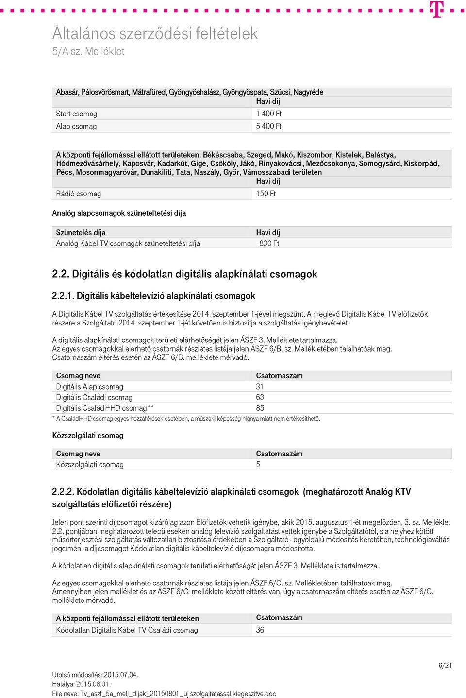 Vámosszabadi területén Rádió csomag Analóg alapcsomagok szüneteltetési díja 150 Ft Szünetelés díja Analóg Kábel TV csomagok szüneteltetési díja 830 Ft 2.