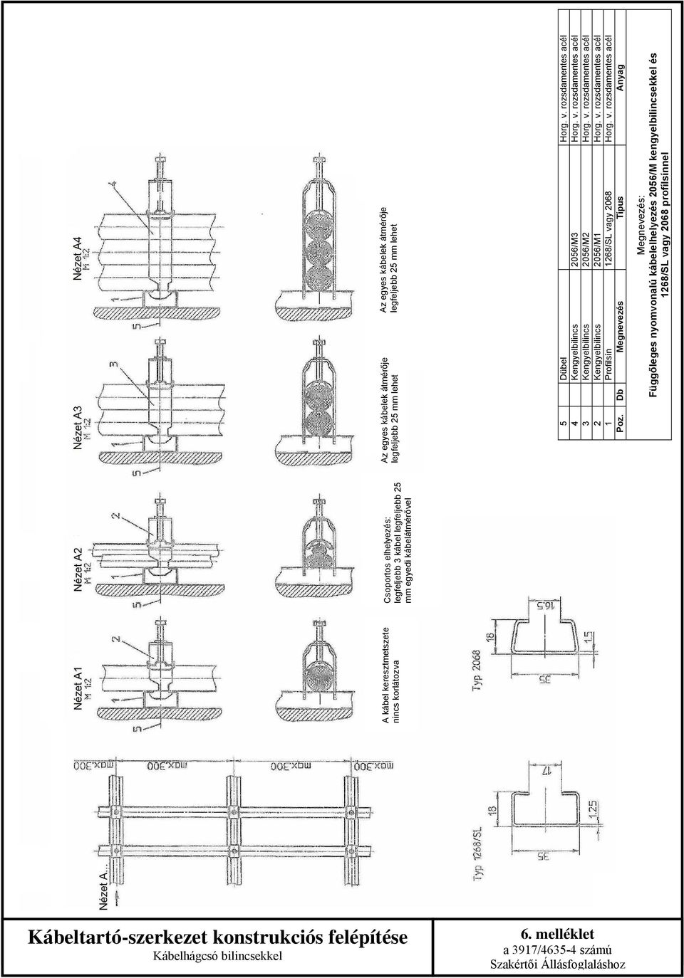 5 4 3 Kengyelbilincs Kengyelbilincs Kengyelbilincs Profilsín 056/M3 056/M 056/M1 168/SL vagy 068 : Függőleges