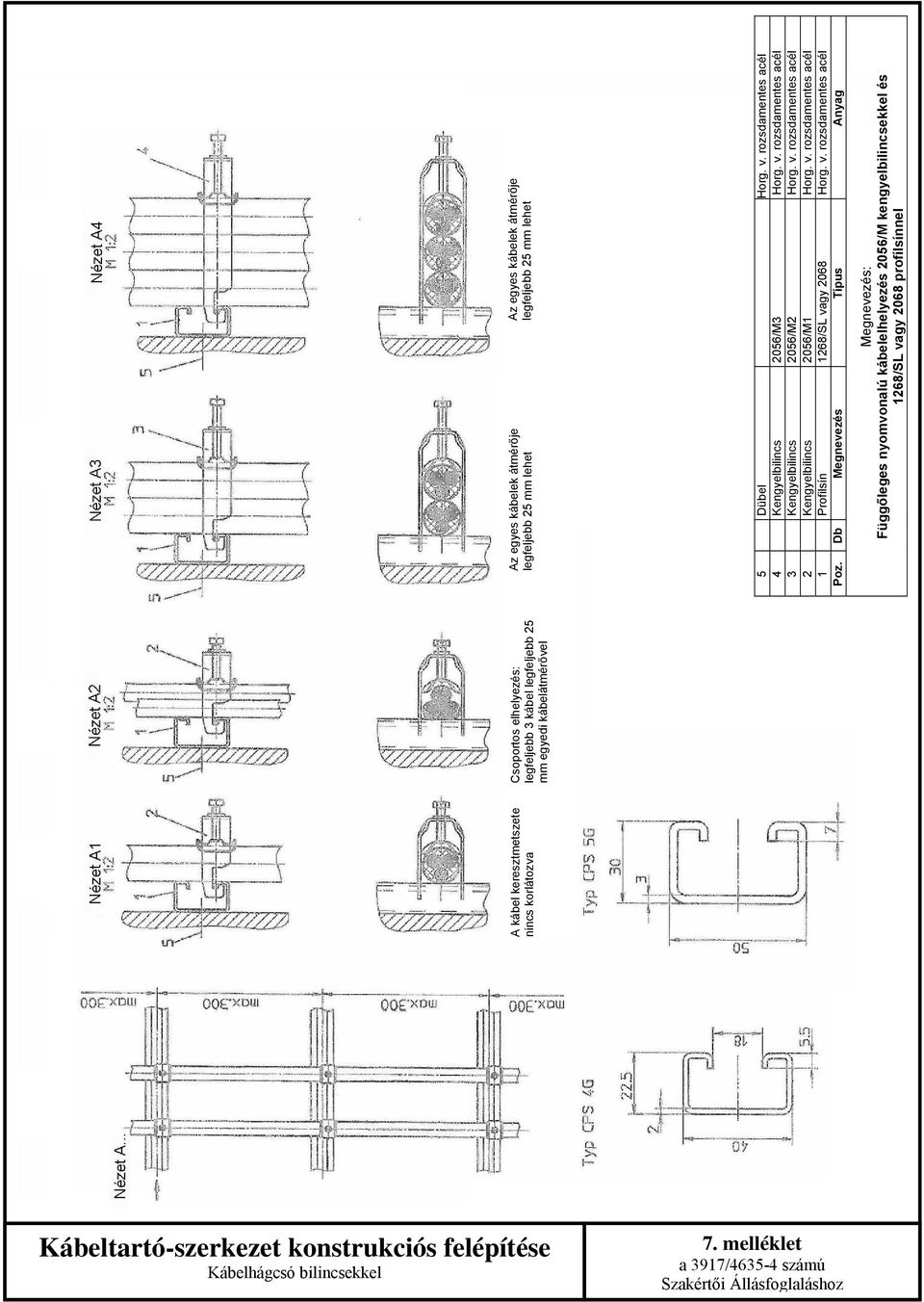 5 4 3 Kengyelbilincs Kengyelbilincs Kengyelbilincs Profilsín 056/M3 056/M 056/M1 168/SL vagy 068 : Függőleges