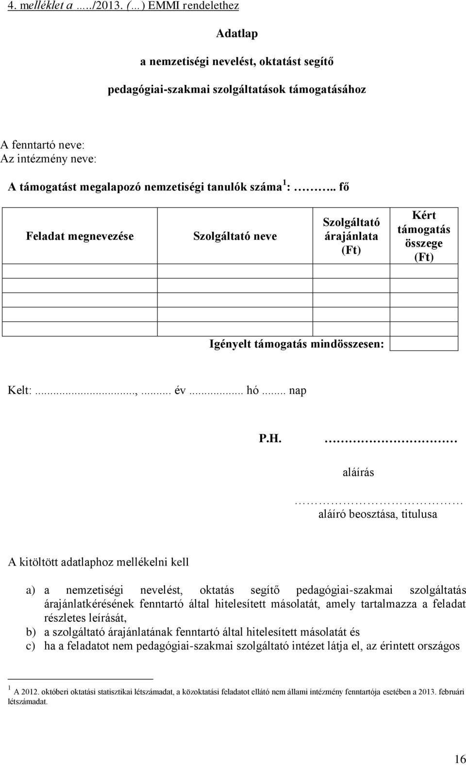 száma 1 :.. fő Feladat megnevezése Szolgáltató neve Szolgáltató árajánlata (Ft) Kért támogatás összege (Ft) Igényelt támogatás mindösszesen: Kelt:...,... év... hó... nap P.H.