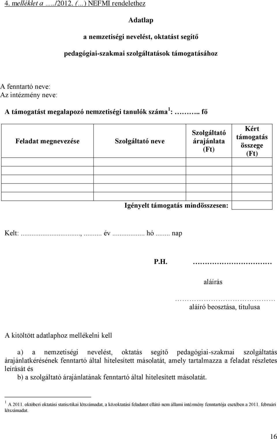 száma 1 :.. fő Feladat megnevezése Szolgáltató neve Szolgáltató árajánlata (Ft) Kért támogatás összege (Ft) Igényelt támogatás mindösszesen: Kelt:...,... év... hó... nap P.H.