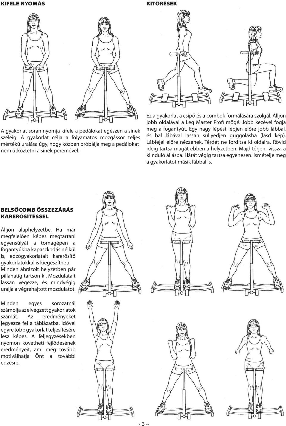 Álljon jobb oldalával a Leg Master Profi mögé. Jobb kezével fogja meg a fogantyút. Egy nagy lépést lépjen előre jobb lábbal, és bal lábával lassan süllyedjen guggolásba (lásd kép).