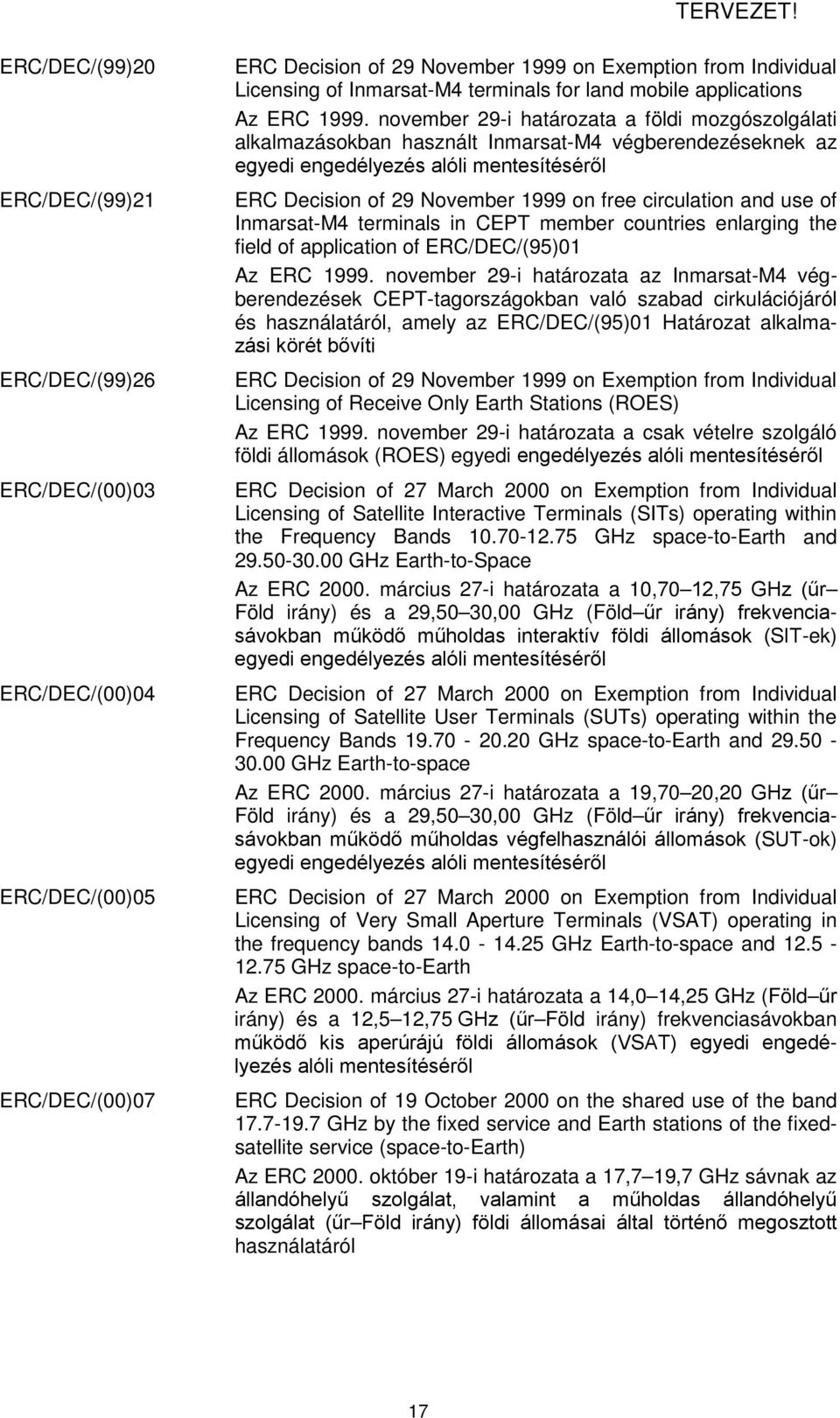 november 29-i határozata a földi mozgószolgálati alkalmazásokban használt Inmarsat-M4 végberendezéseknek az egyedi engedélyezés alóli mentesítéséről ERC Decision of 29 November 1999 on free