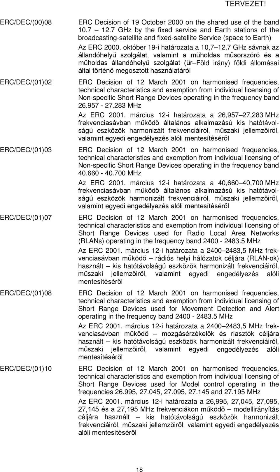 október 19-i határozata a 10,7 12,7 GHz sávnak az állandóhelyű szolgálat, valamint a műholdas műsorszóró és a műholdas állandóhelyű szolgálat (űr Föld irány) földi állomásai által történő megosztott