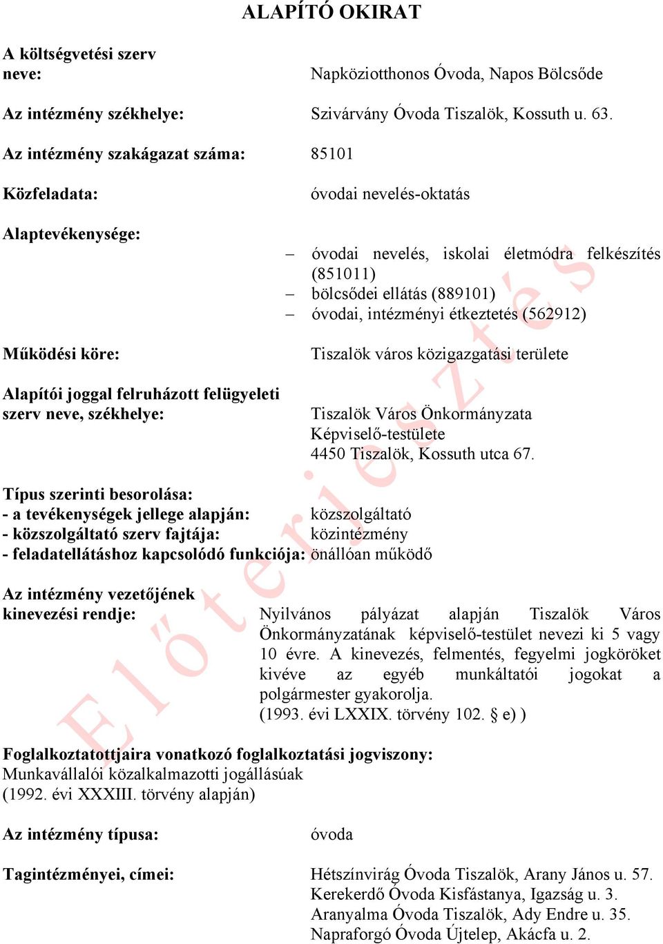 életmódra felkészítés (851011) bölcsődei ellátás (889101) óvodai, intézményi étkeztetés (562912) Tiszalök város közigazgatási területe Tiszalök Város Önkormányzata Képviselő-testülete 4450 Tiszalök,