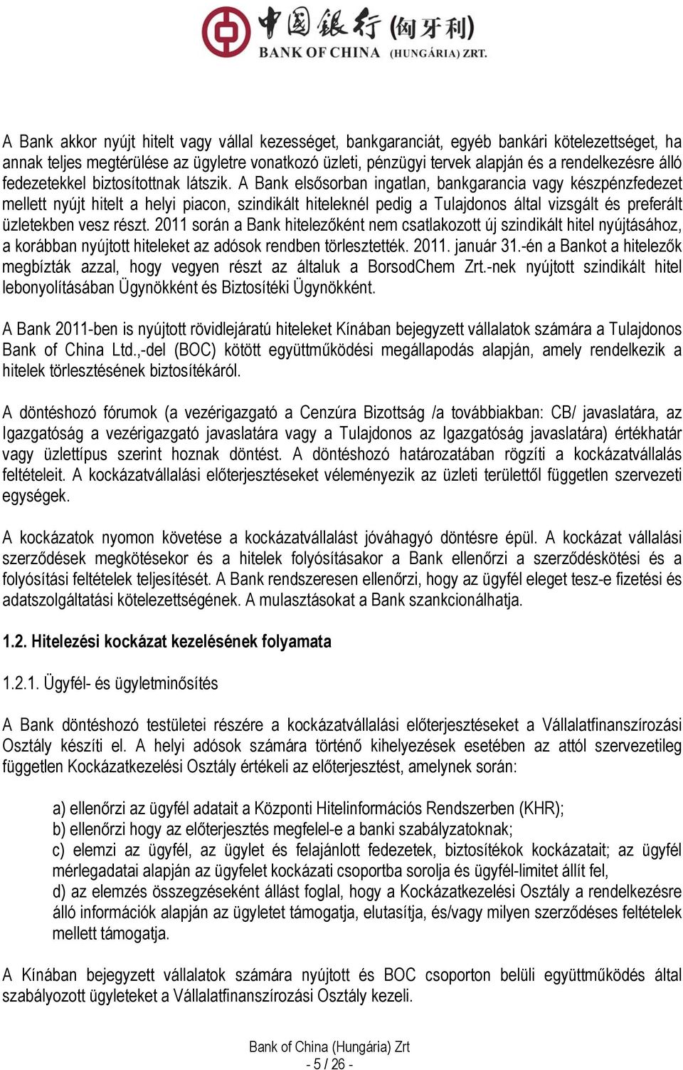 A Bank elsősorban ingatlan, bankgarancia vagy készpénzfedezet mellett nyújt hitelt a helyi piacon, szindikált hiteleknél pedig a Tulajdonos által vizsgált és preferált üzletekben vesz részt.