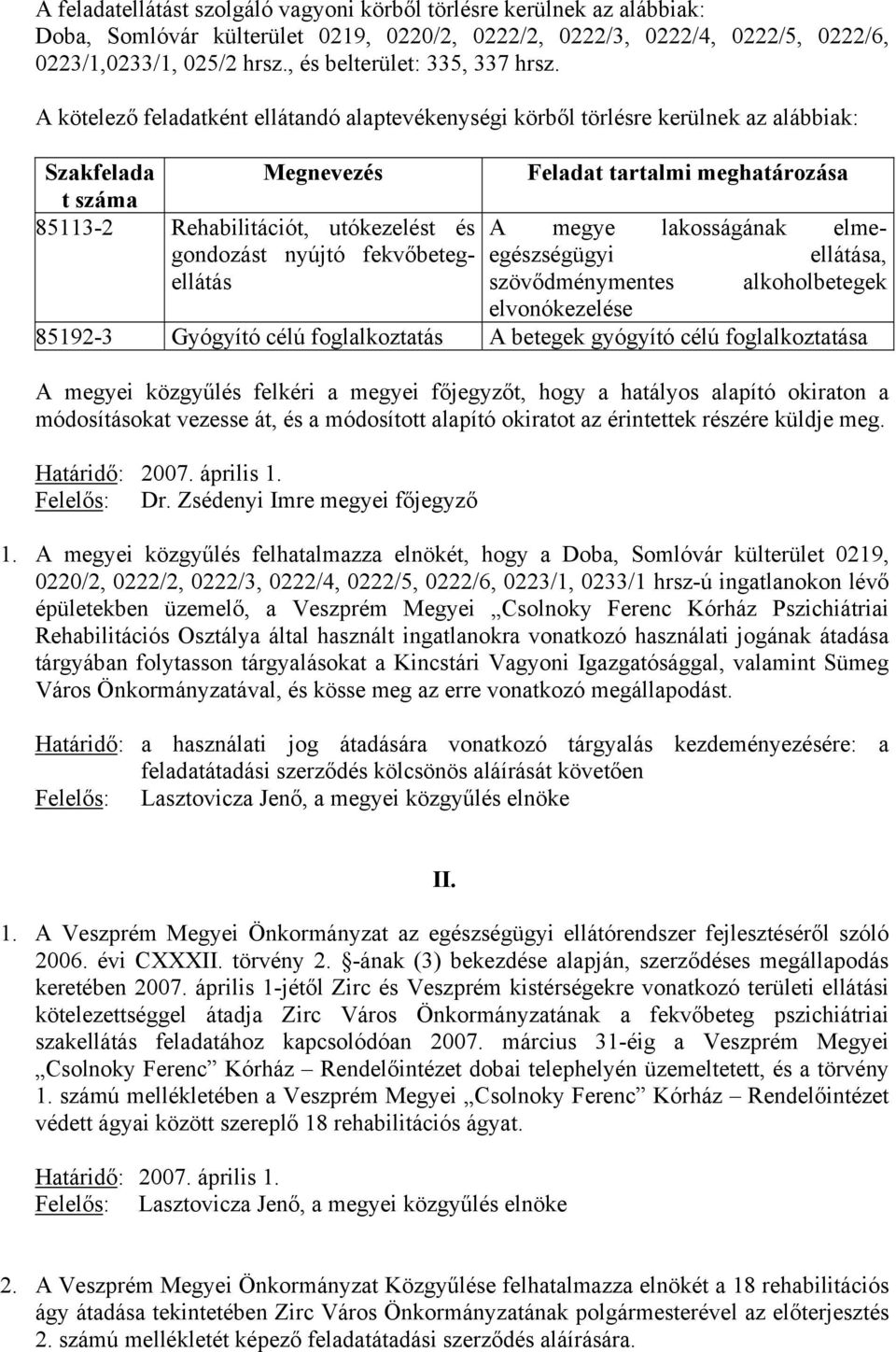 A kötelező feladatként ellátandó alaptevékenységi körből törlésre kerülnek az alábbiak: Szakfelada Megnevezés Feladat tartalmi meghatározása t száma 85113-2 Rehabilitációt, utókezelést és A megye