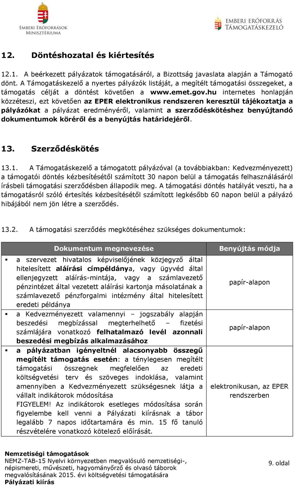 hu internetes honlapján közzéteszi, ezt követően az EPER elektronikus rendszeren keresztül tájékoztatja a pályázókat a pályázat eredményéről, valamint a szerződéskötéshez benyújtandó dokumentumok