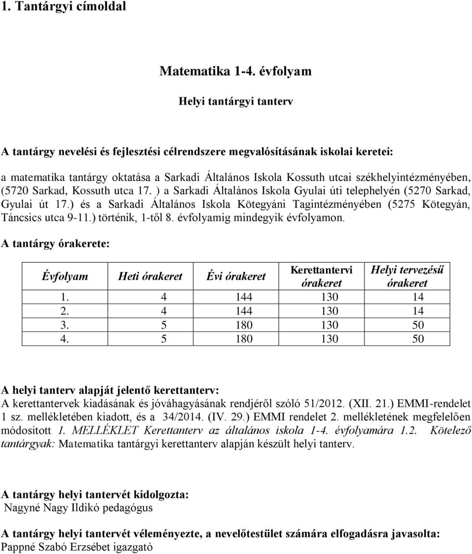 székhelyintézményében, (5720 Sarkad, Kossuth utca 17. ) a Sarkadi Általános Iskola Gyulai úti telephelyén (5270 Sarkad, Gyulai út 17.