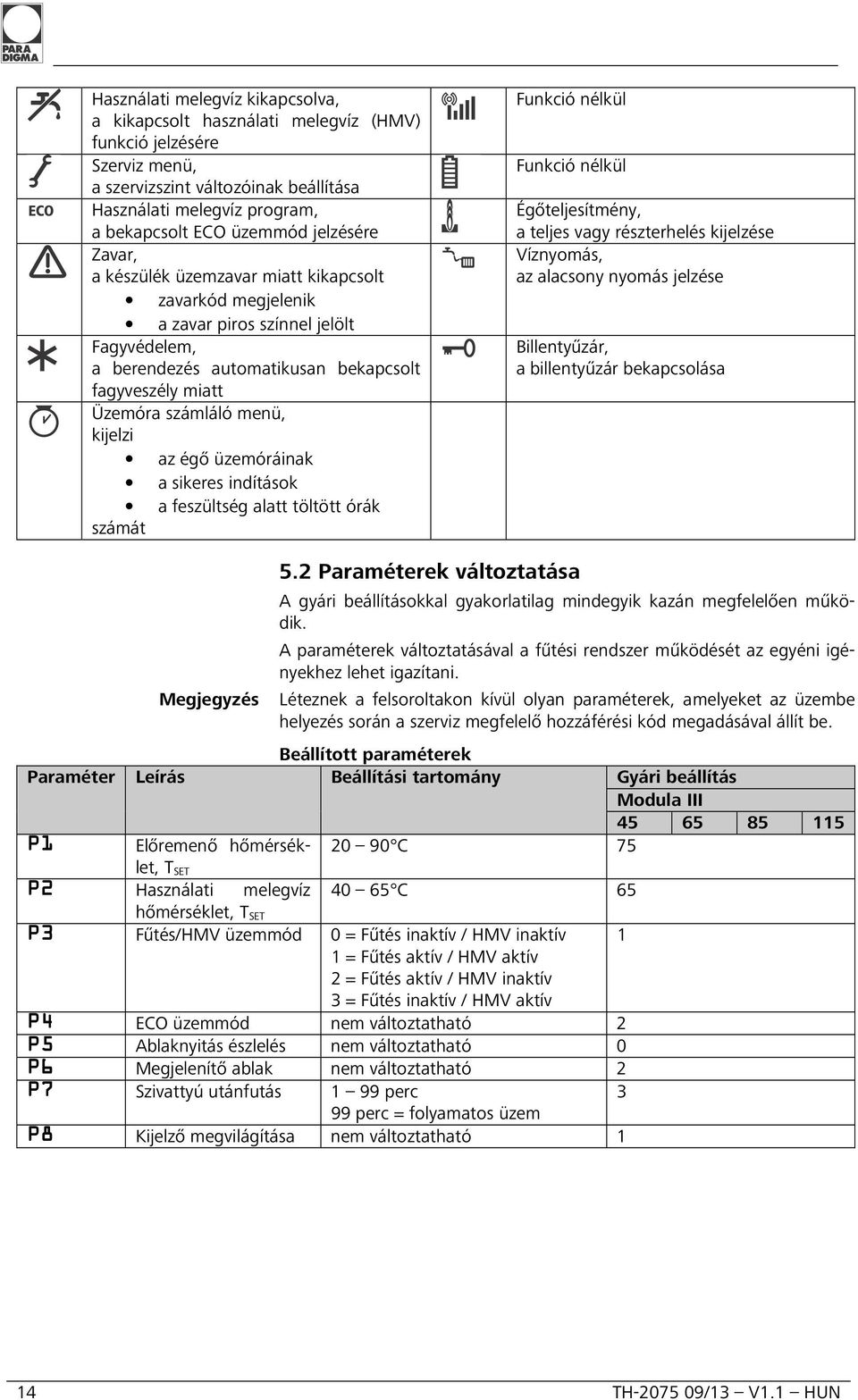 kijelzi az égő üzemóráinak a sikeres indítások a feszültség alatt töltött órák számát Funkció nélkül Funkció nélkül Égőteljesítmény, a teljes vagy részterhelés kijelzése Víznyomás, az alacsony nyomás