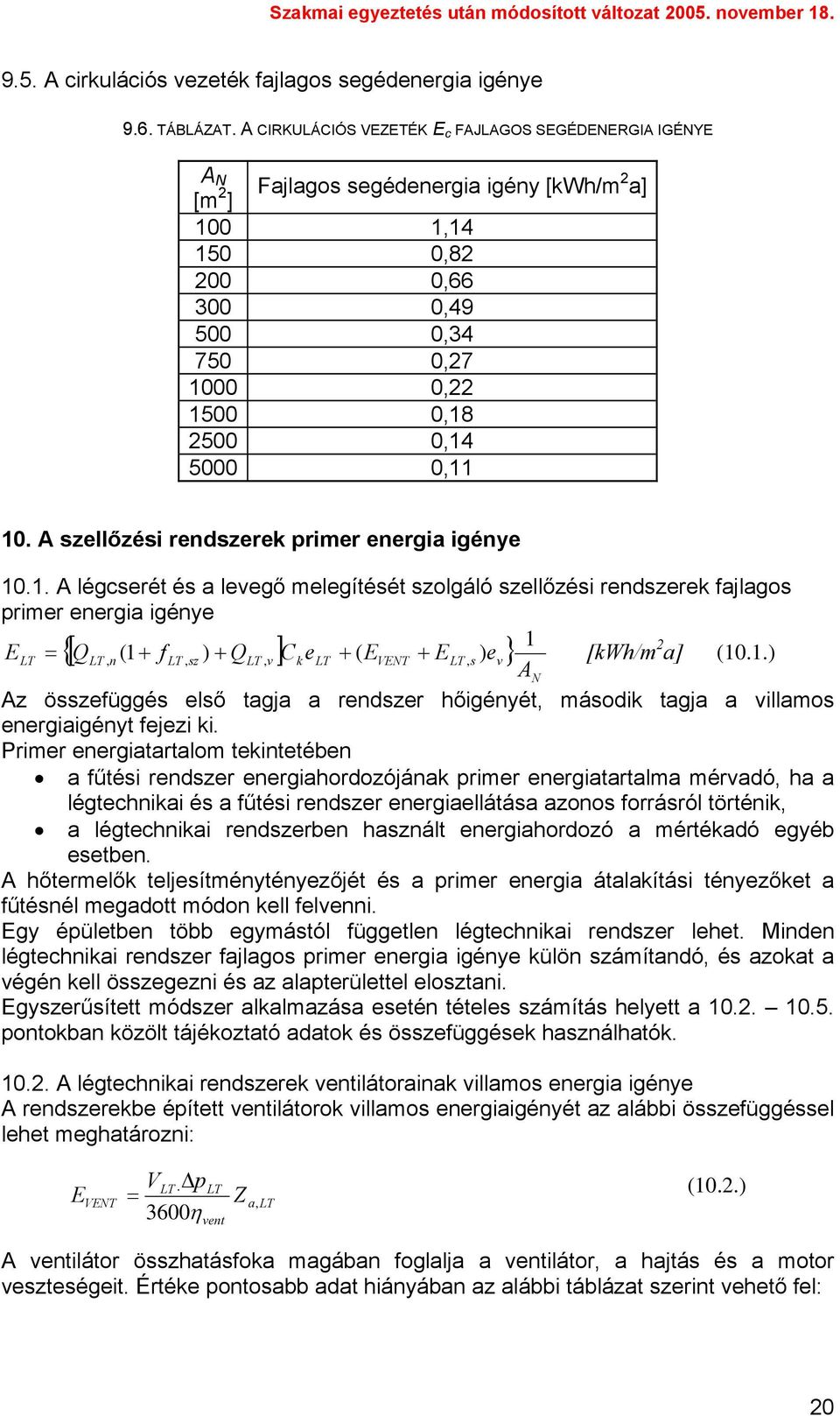 10. A szellőzési rendszerek primer energia igénye 10.1. A légcserét és a levegő melegítését szolgáló szellőzési rendszerek fajlagos primer energia igénye 1 ELT = {[ QLT, n ( 1+ f LT, sz ) + QLT, v ] CkeLT + ( EVENT + ELT, s ) ev} [kwh/m 2 a] (10.