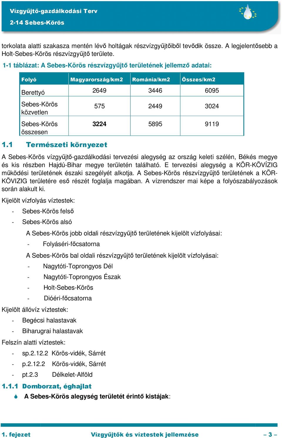 3224 5895 9119 1.1 Természeti környezet A Sebes-Körös vízgyőjtı-gazdálkodási tervezési alegység az ország keleti szélén, Békés megye és kis részben Hajdú-Bihar megye területén található.