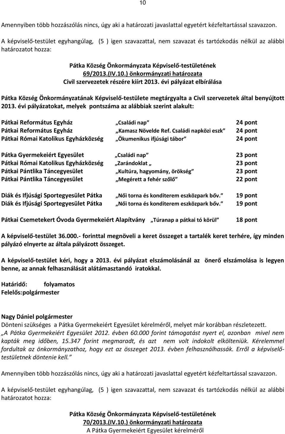 évi pályázat elbírálása Pátka Község Önkormányzatának Képviselő-testülete megtárgyalta a Civil szervezetek által benyújtott 2013.